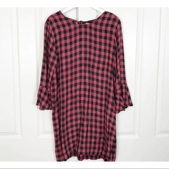 Cloth & Stone Sz S Red Black Buffalo Plaid Checkered Tunic Dress Bell Sleeve - Picture 8 of 13